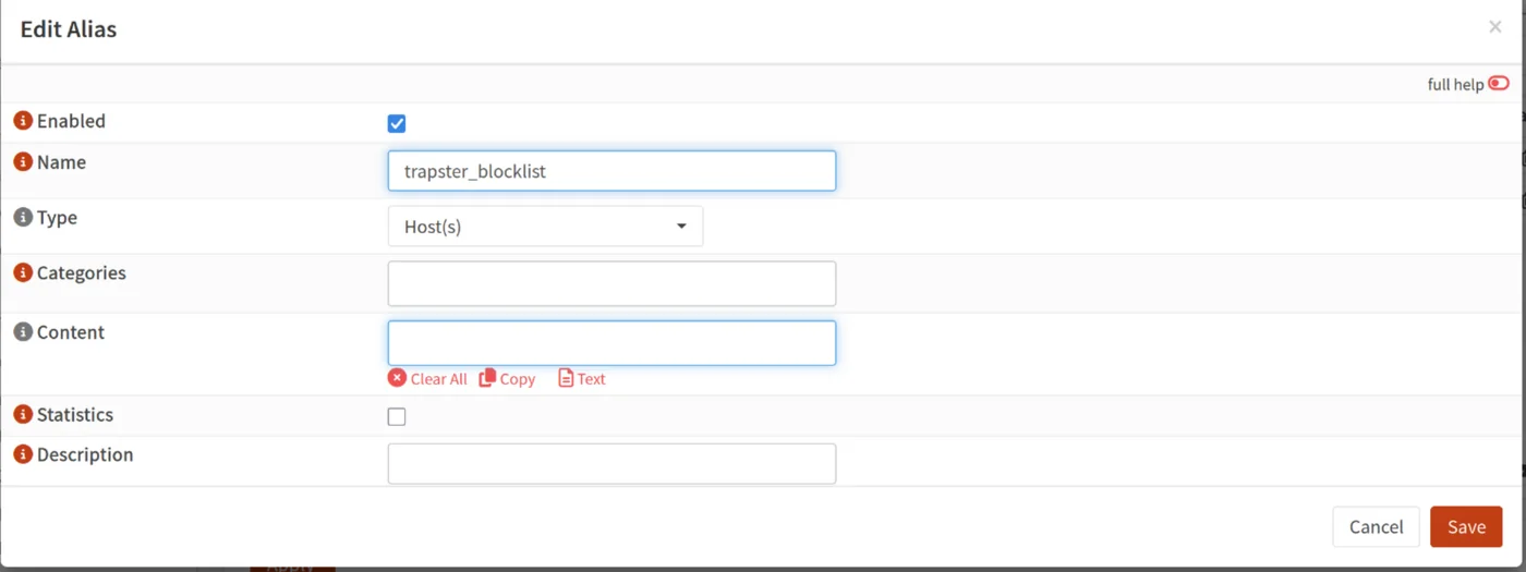 Création de l'alias trapster_blocklist de type Host(s) dans OPNsense