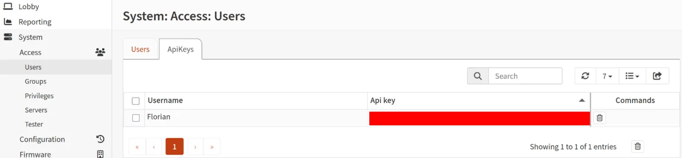 Création d'une clé API OPNsense depuis System > Access > Users