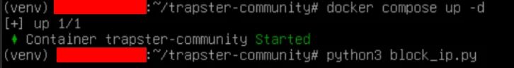 Trapster Community démarré, avec le script de blocage en écoute sur le fichier de logs