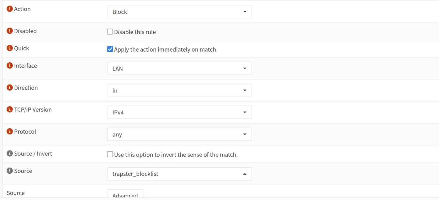 Règle de blocage OPNsense dont la source est l'alias trapster_blocklist