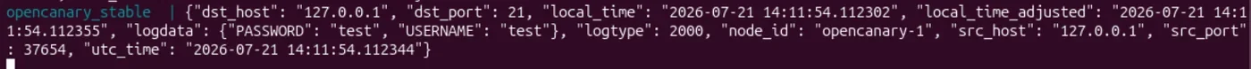 Résultat du test de connexion FTP sur OpenCanary