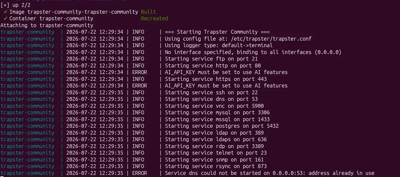 Logs Trapster après docker compose up --build