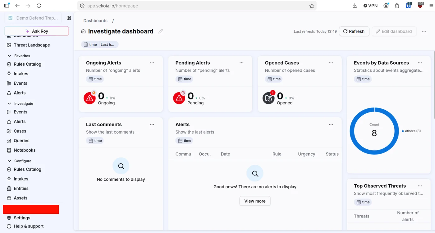The default Sekoia dashboard showing alert statistics