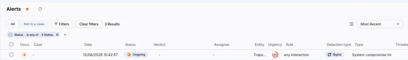A Trapster alert raised in the Alerts tab after an Nmap scan