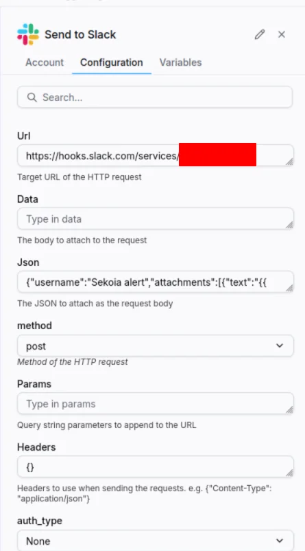 Configuring the Send to Slack action with the webhook URL