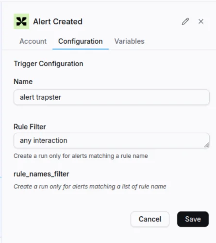 The trigger filtered on the Trapster any-interaction rule