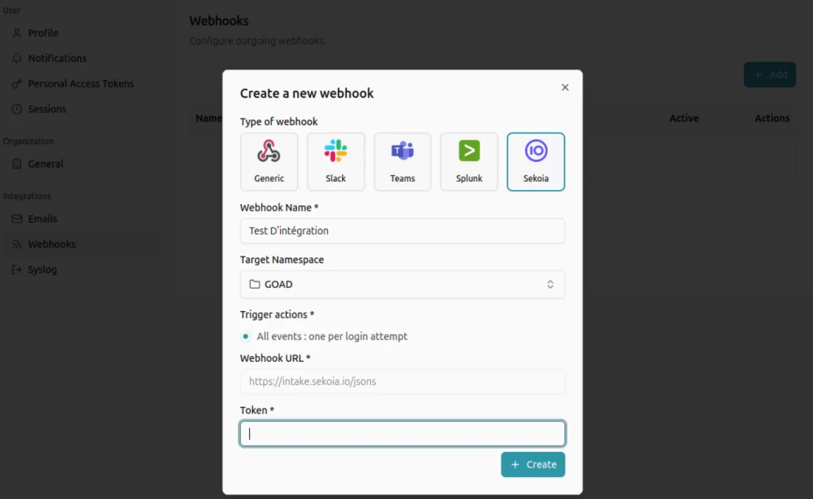 Adding the Sekoia webhook in Trapster's settings