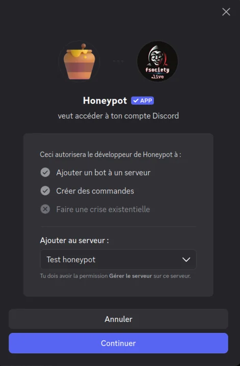 Sélection du serveur Discord lors de l'ajout de l'application