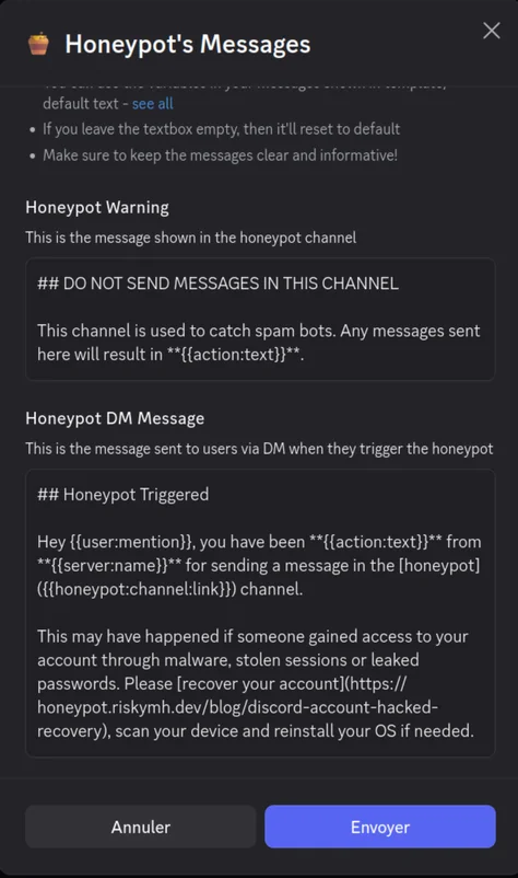 Commande /honeypot-messages pour personnaliser les messages du bot