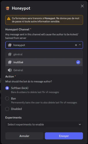 Commande /honeypot utilisée pour désigner le channel piège