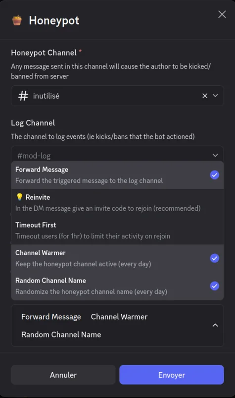 Section Experiments : renommage aléatoire du channel, réinvitation automatique et transfert vers un channel de log