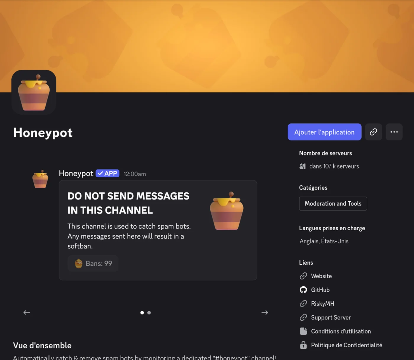 Page de l'application honeypot sur le Discord App Directory