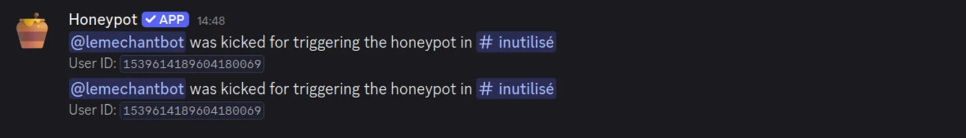 Entrée de log dans le channel dédié avec les informations du compte banni