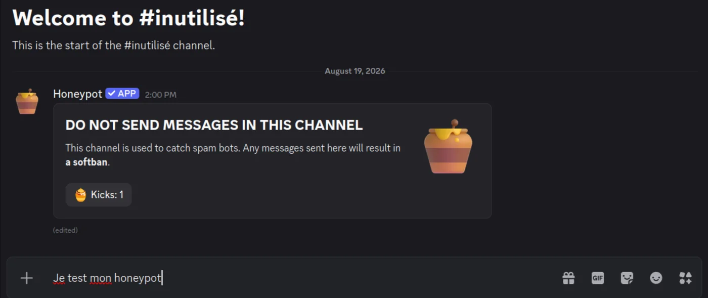 Message de test envoyé dans le channel piège depuis un second compte